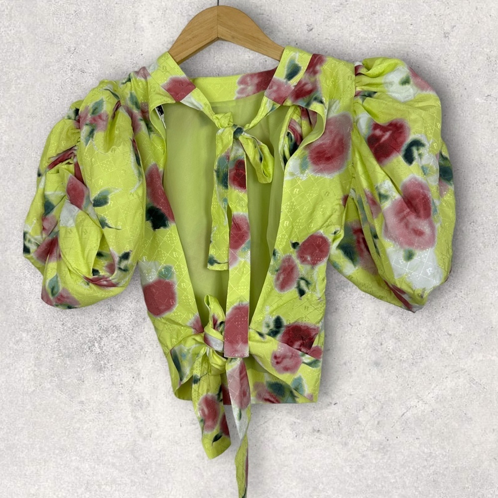 NEW Rotate Birger Christensen Dawn Floral Puff Sleeve Top Tie Back Yellow Boho 4 - Picture 13 of 14